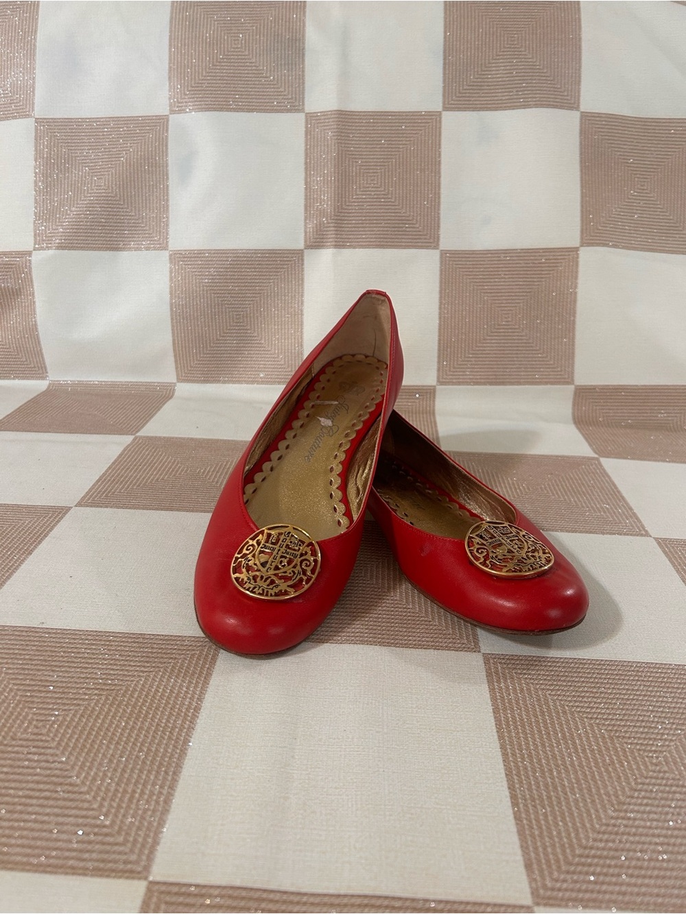Juicy Couture Red Ballet Flats with Gold Emblem